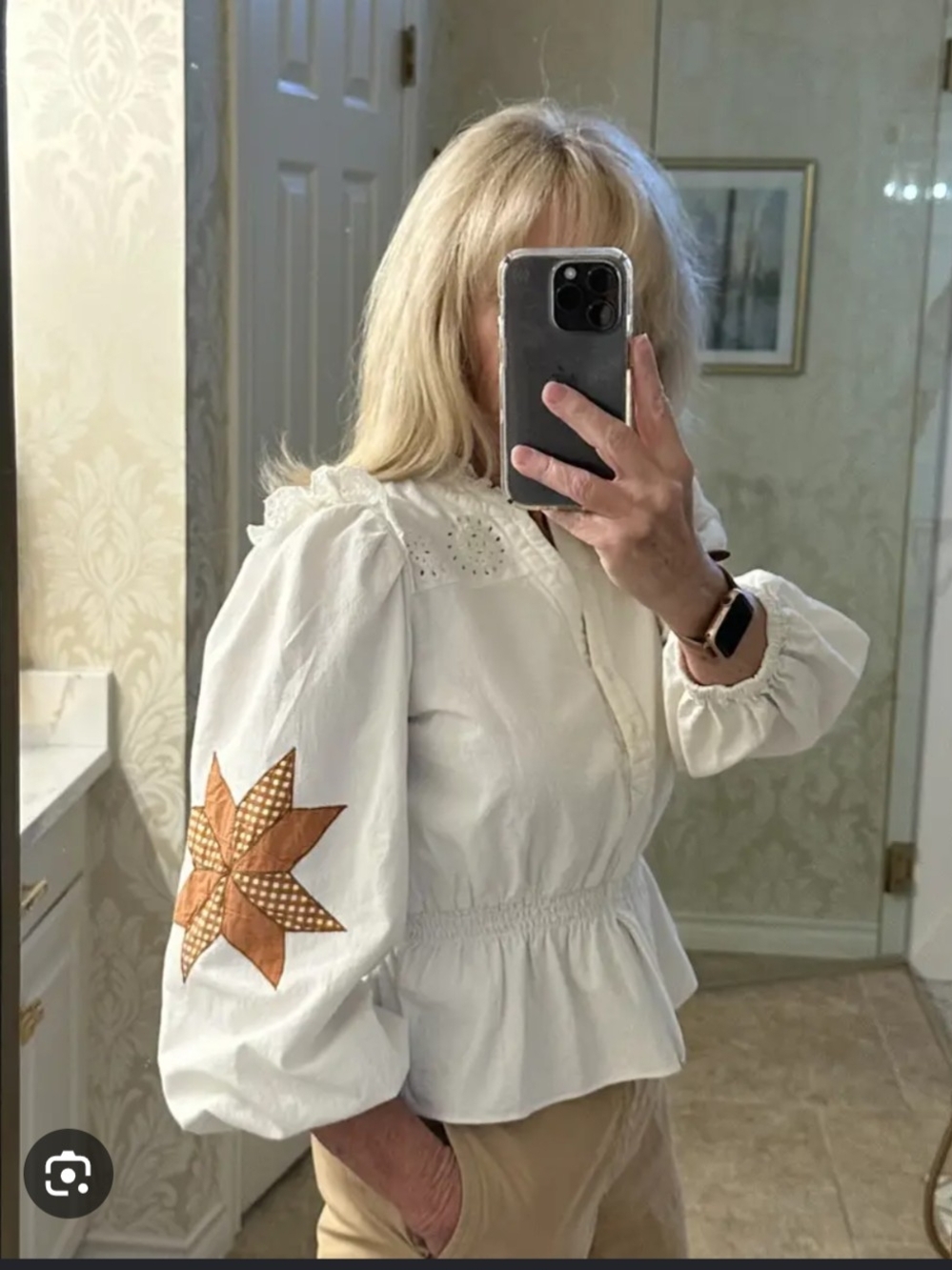 YERSE Women’s White Peplum Blouse with Star Quilted Patch Sleeve